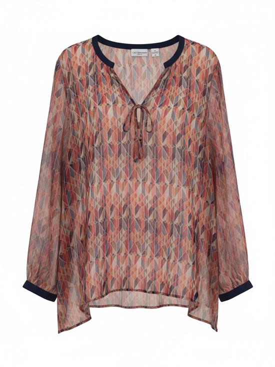 Liz Claiborne Tops - Liz Claiborne Sheer Geo Print Tie-Neck Tunic in Peach and Navy Trim